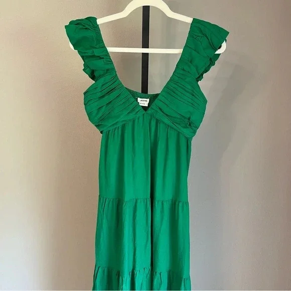 Jason Wu Ruched Ruffle V Neck Linen Maxi Dress Kelly Green Small NWT Feminine - Picture 2 of 7